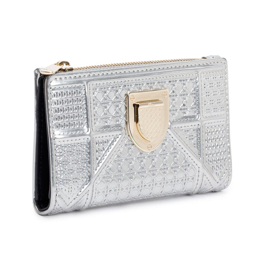 Christian Dior Silver Metallic Patent Leather Diorama Compact Wallet