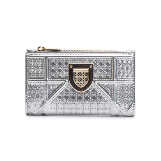 Christian Dior Silver Metallic Patent Leather Diorama Compact Wallet