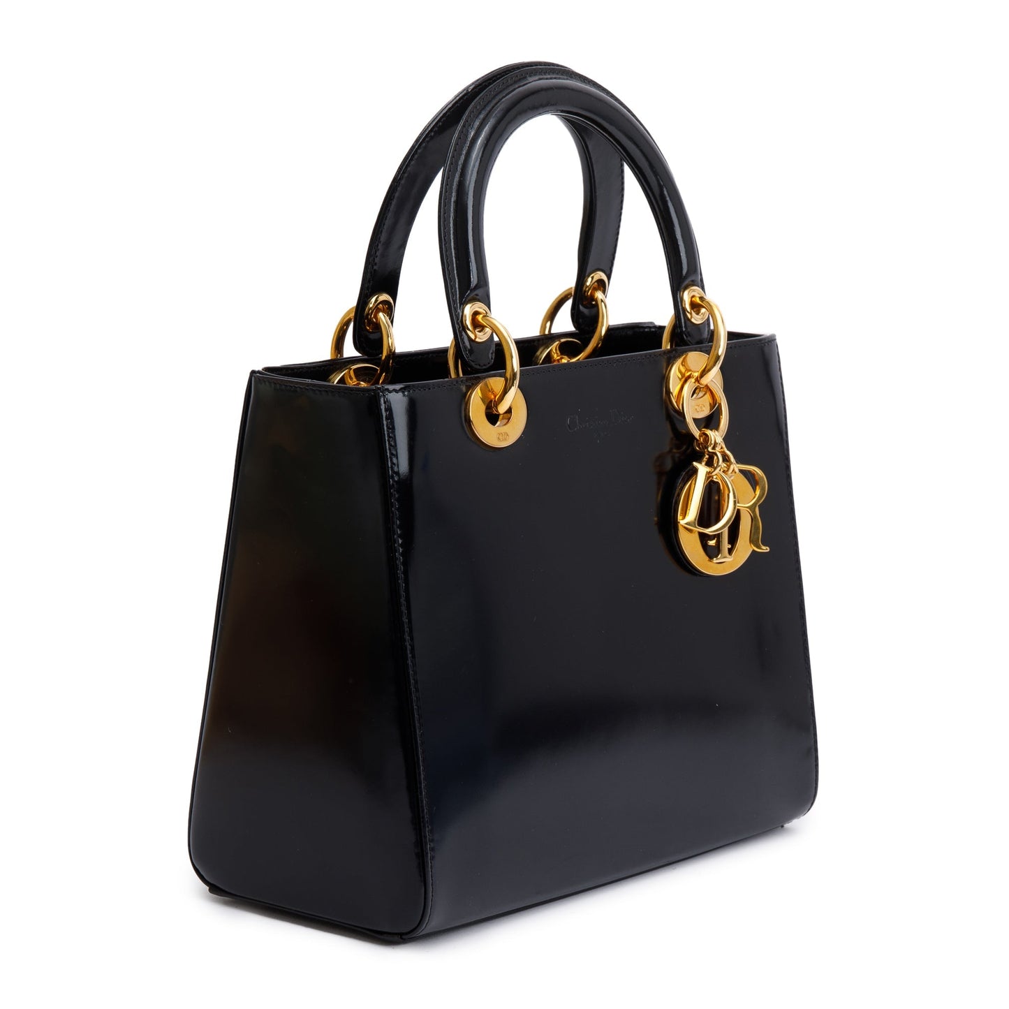Christian Dior Vintage Black Patent Leather Medium Lady Dior Bag