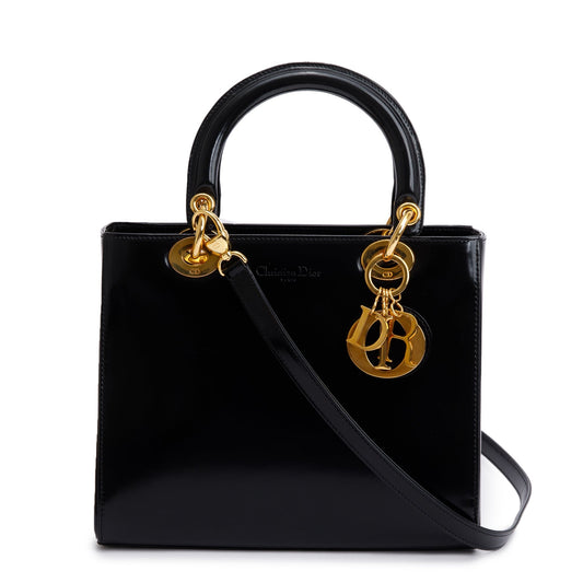 Christian Dior Vintage Black Patent Leather Medium Lady Dior Bag