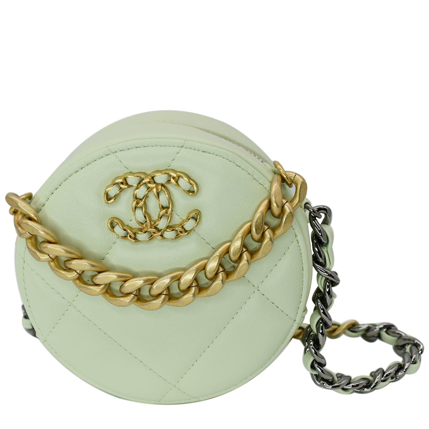 Luxury Chanel 19 Round Quilted Lambskin Leather Clutch Crossbody Bag Light Green