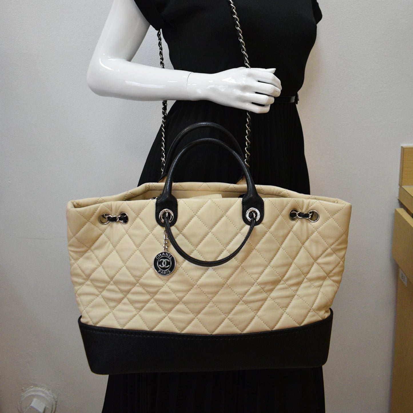 Luxury Chanel Drawstring Large Quilted Calfskin Shopping Tote Bag Beige