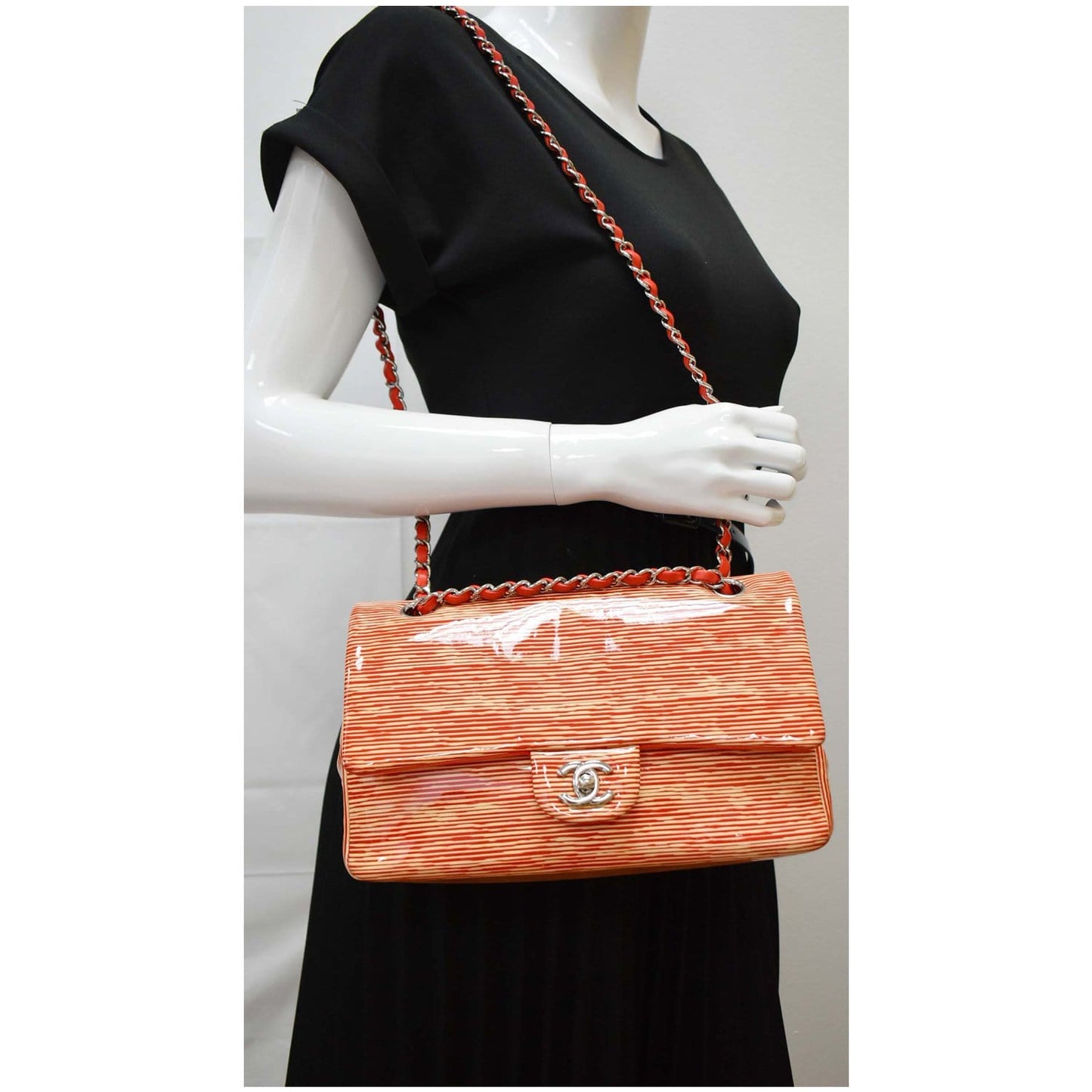 Luxury Chanel Women Classic Medium Double Flap Striped Patent Leather Shoulder Bag White/Red