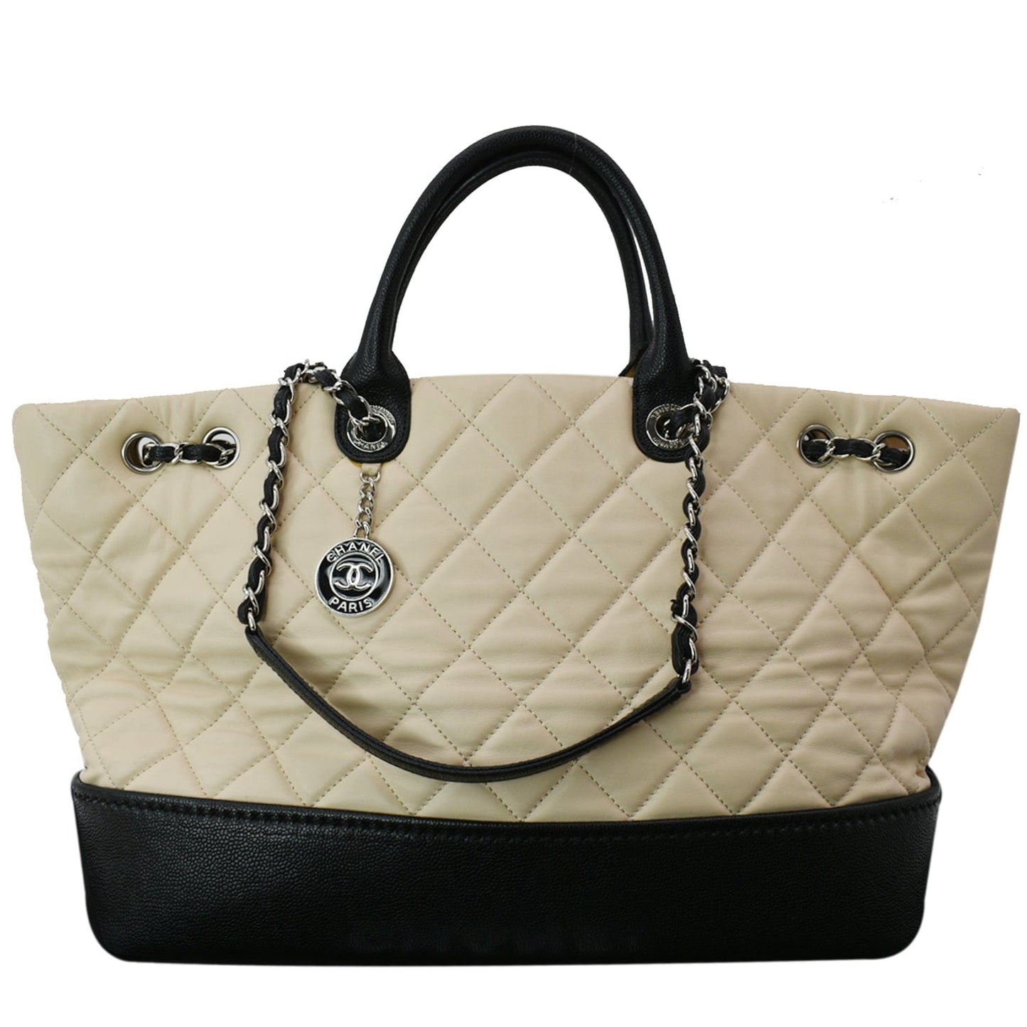 Luxury Chanel Drawstring Large Quilted Calfskin Shopping Tote Bag Beige