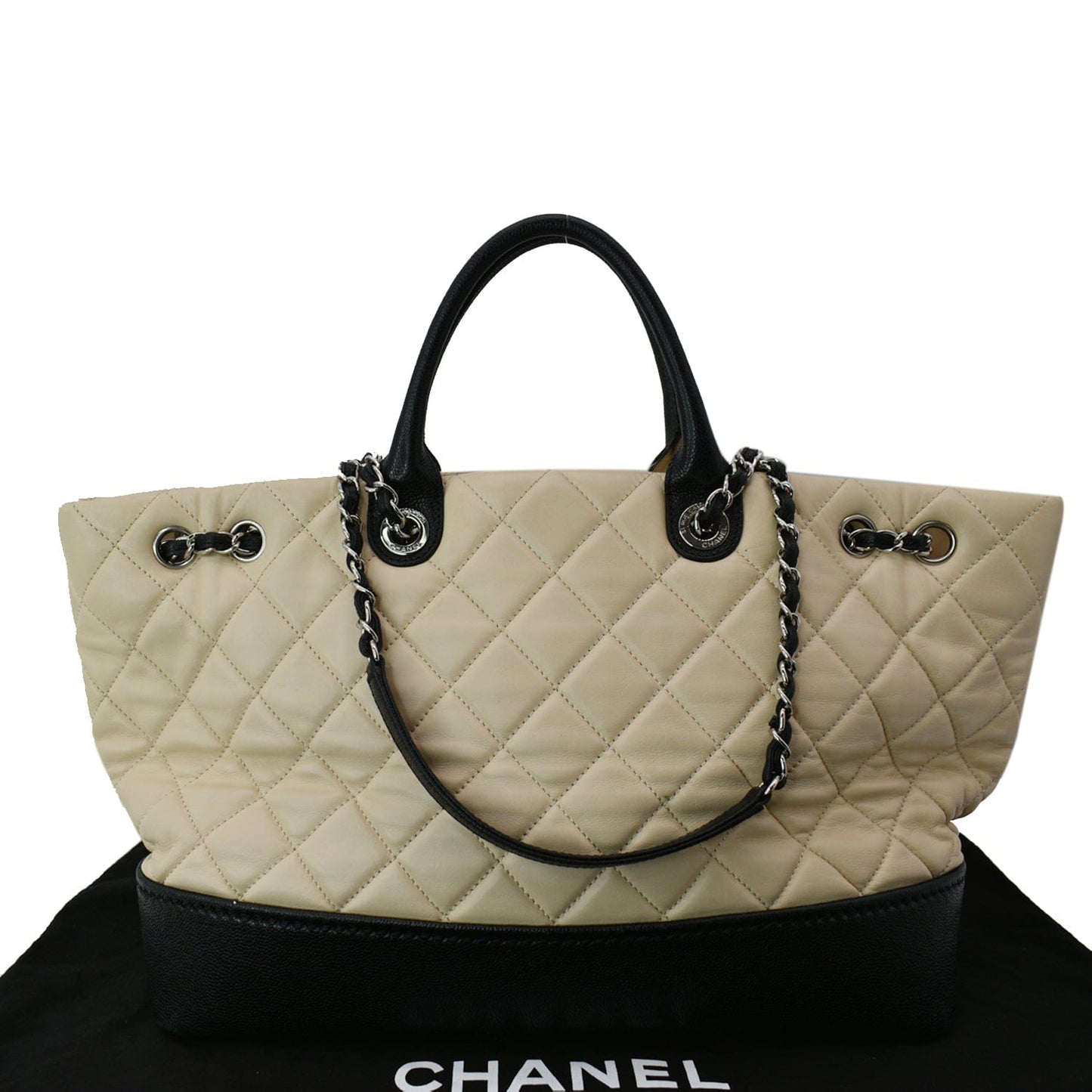 Luxury Chanel Drawstring Large Quilted Calfskin Shopping Tote Bag Beige