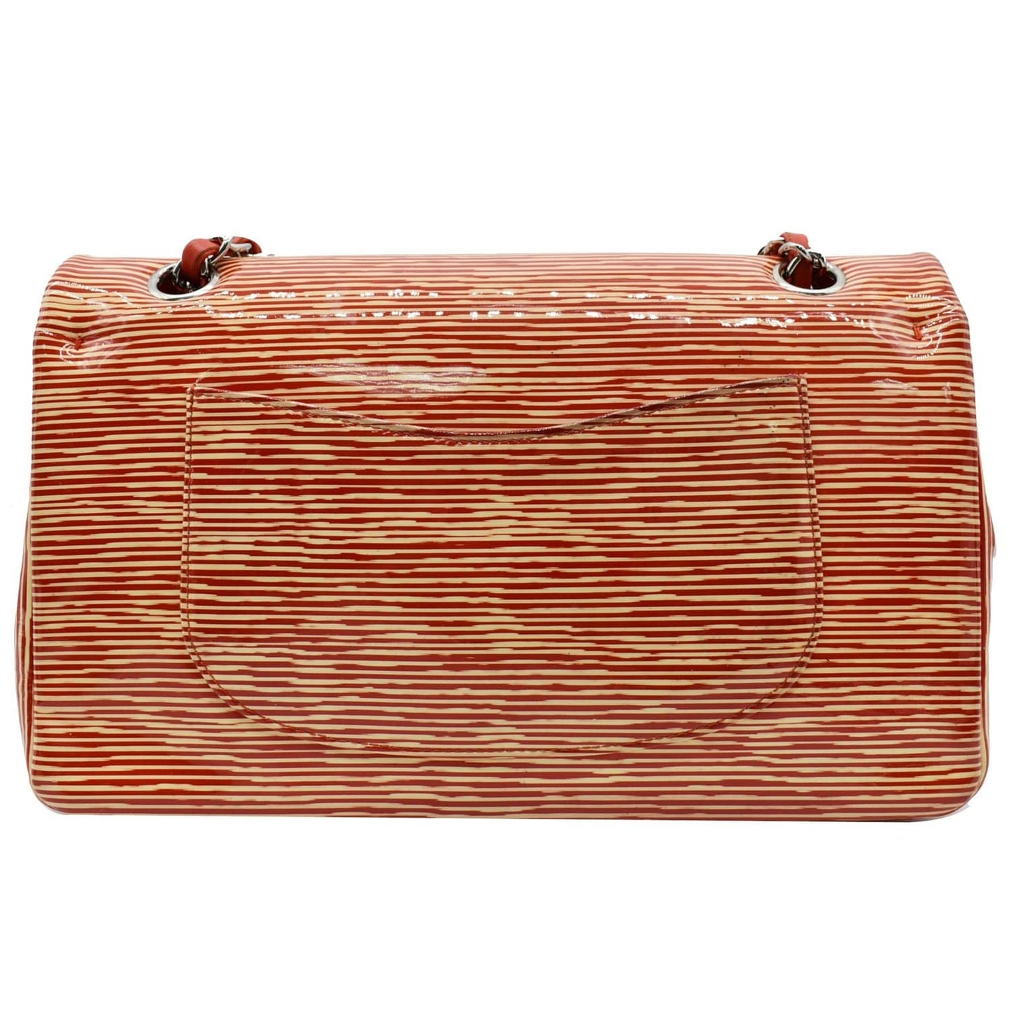 Luxury Chanel Women Classic Medium Double Flap Striped Patent Leather Shoulder Bag White/Red