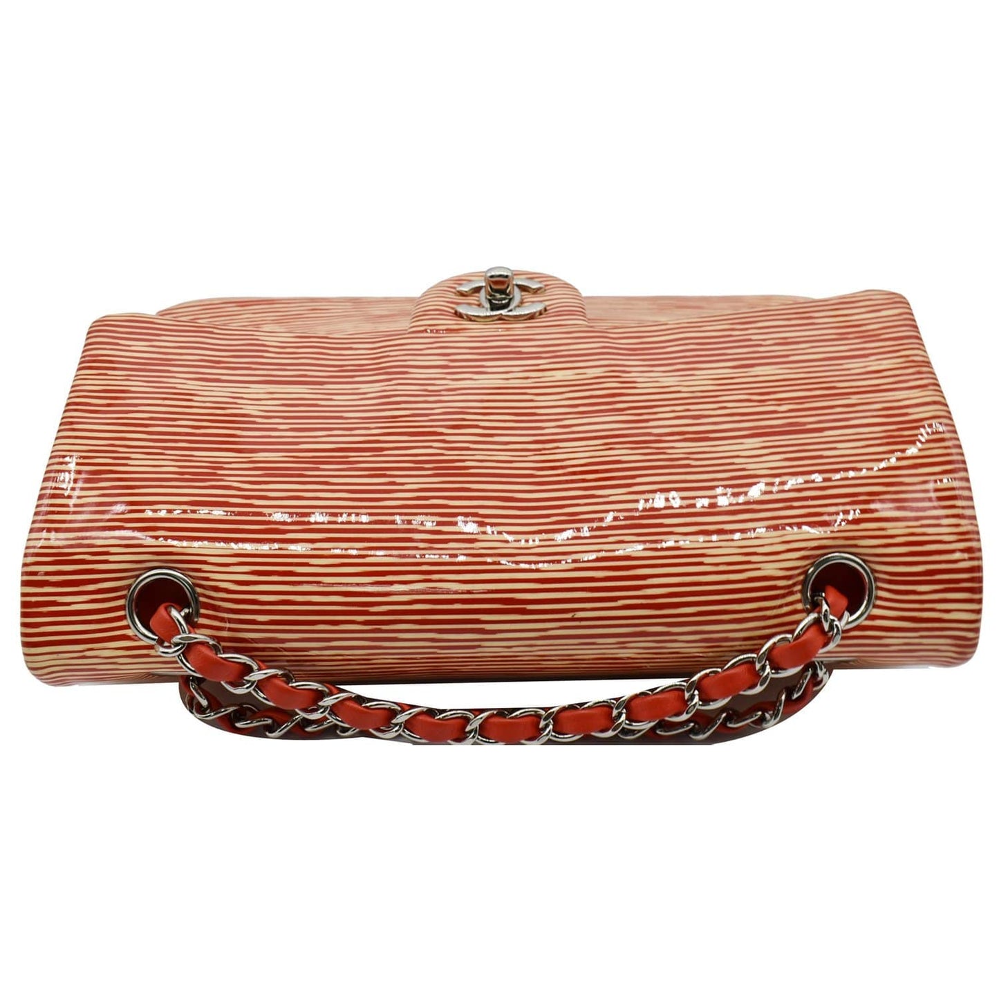 Luxury Chanel Women Classic Medium Double Flap Striped Patent Leather Shoulder Bag White/Red