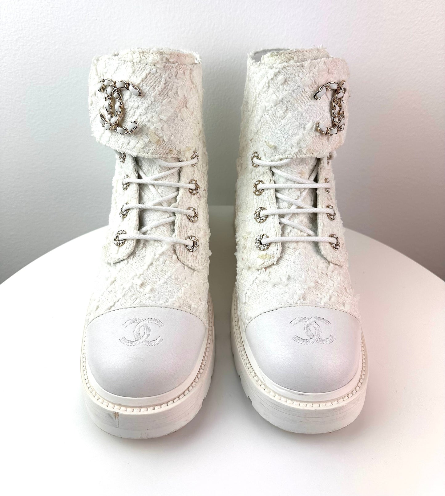 Chanel Women Lace Up Boots White Tweed