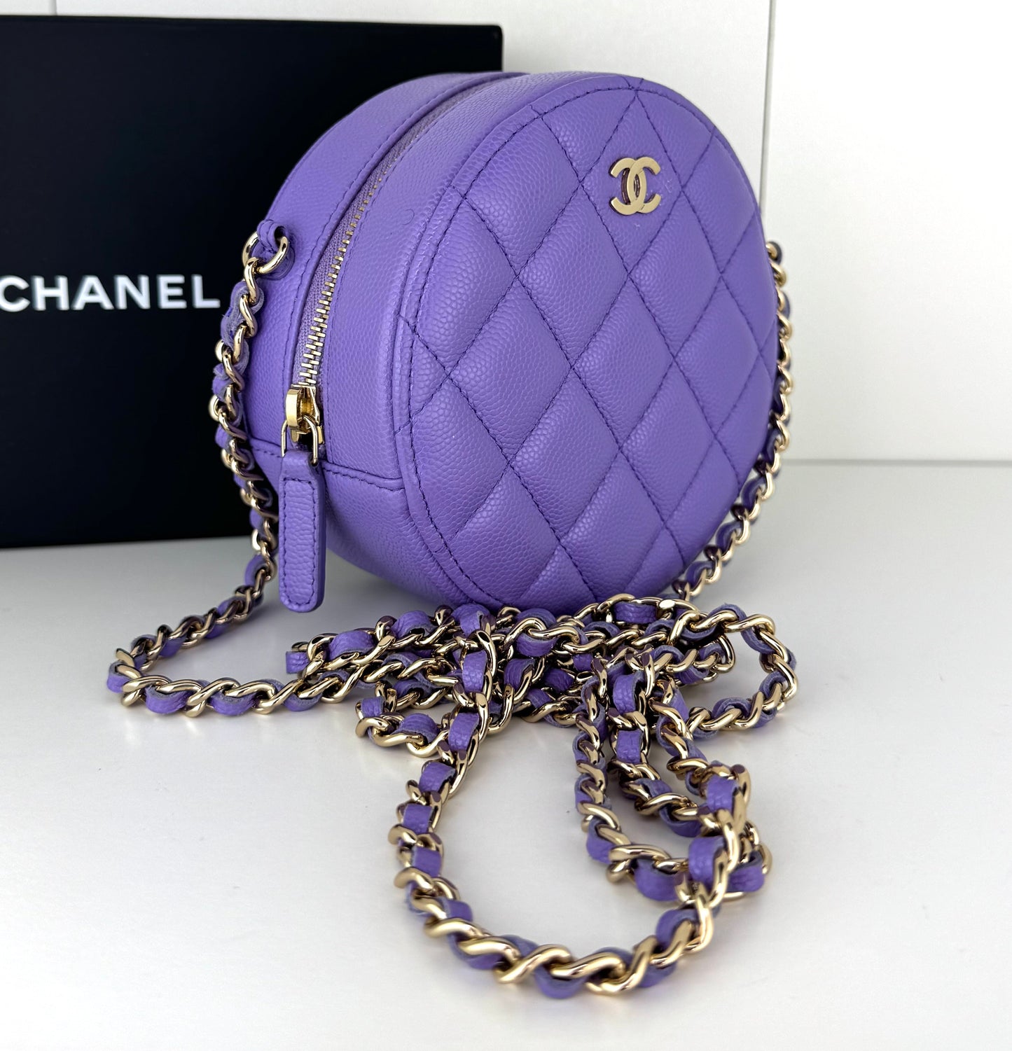 Chanel Caviar Quilted Round Clutch With Chain Purple