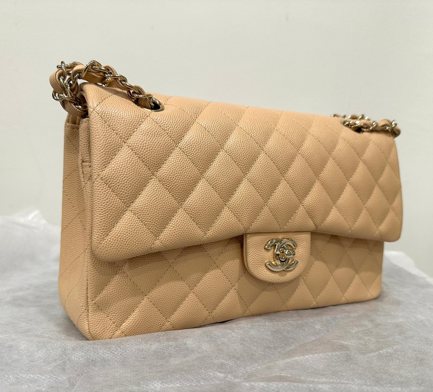 Chanel Medium Classic Handbag in Beige Caviar and Gold-Tone Metal
