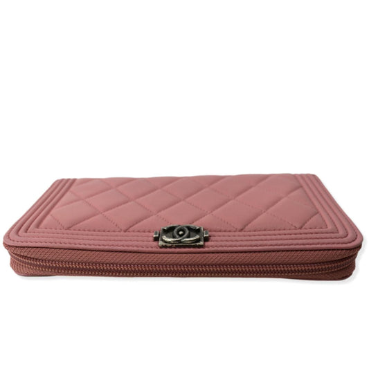 CHANEL Small Boy Lambskin Zip Around Long Wallet Pink