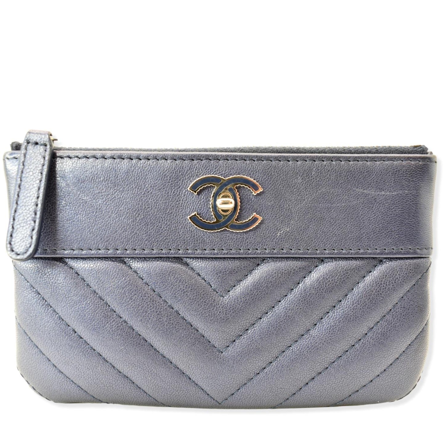 CHANEL Small Vintage Mademoiselle Leather Cosmetic Case Blue