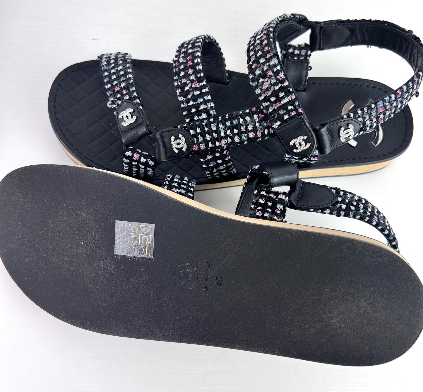 Chanel Tweed Lambskin Crystal CC Sandals Black Multicolor