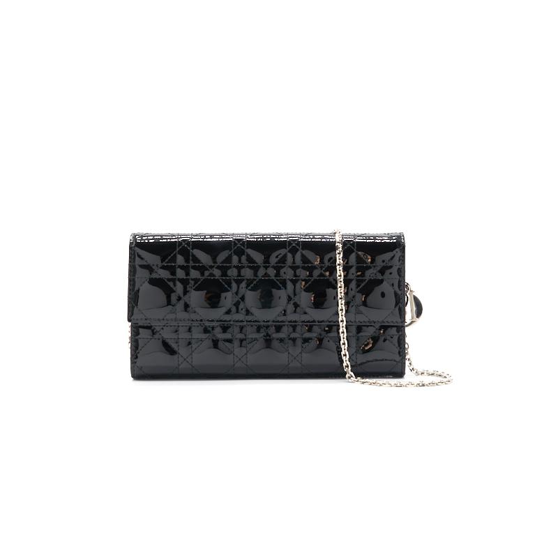 Luxury Dior Patent Leather Long Wallet with Chain Black