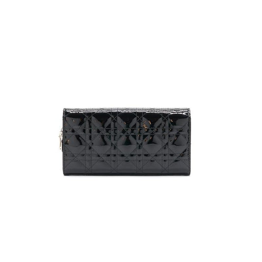 Luxury Dior Patent Leather Long Wallet with Chain Black