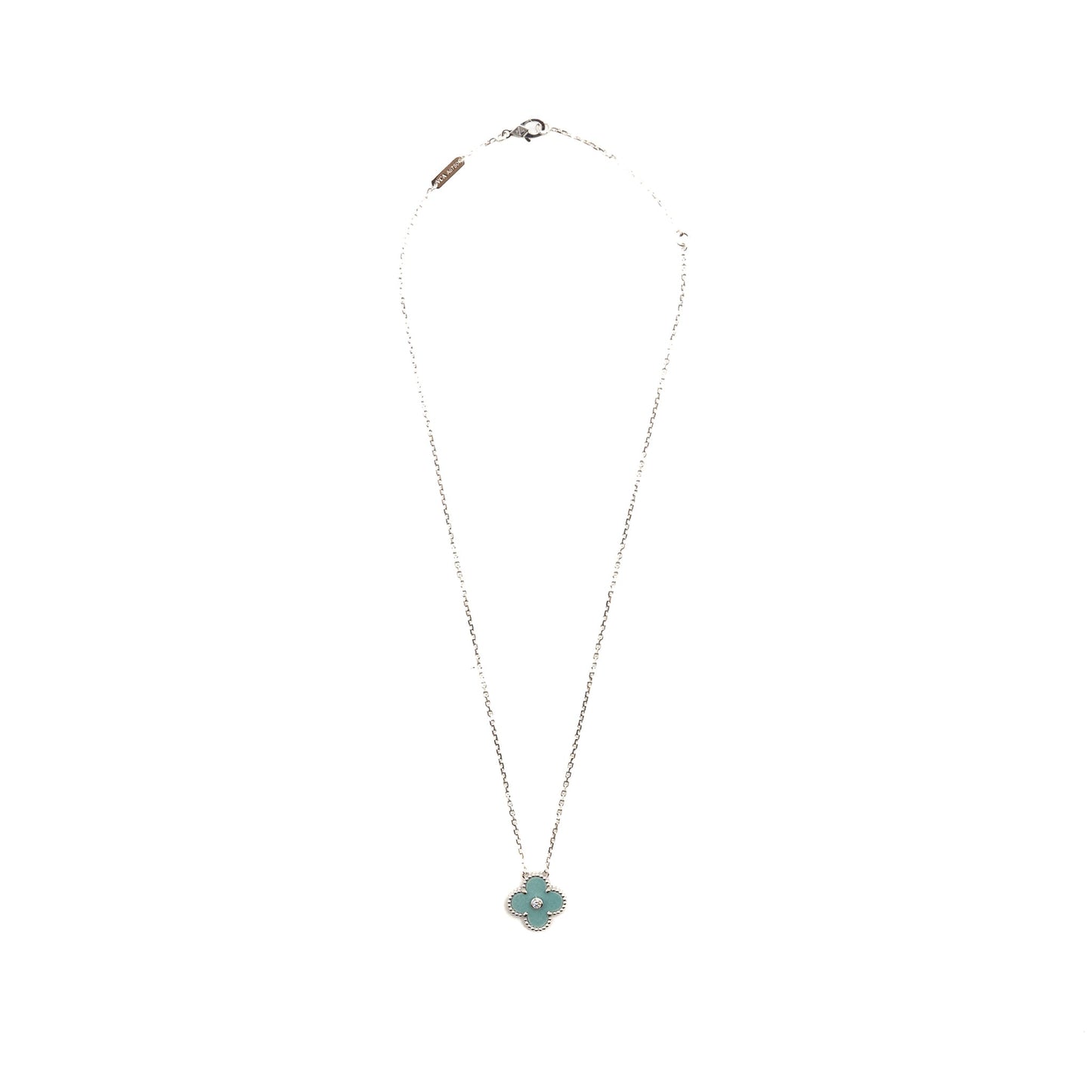 Van Cleef & arpels 2022 holiday limited vintage alhambra pendant porcelain/white gold/diamond