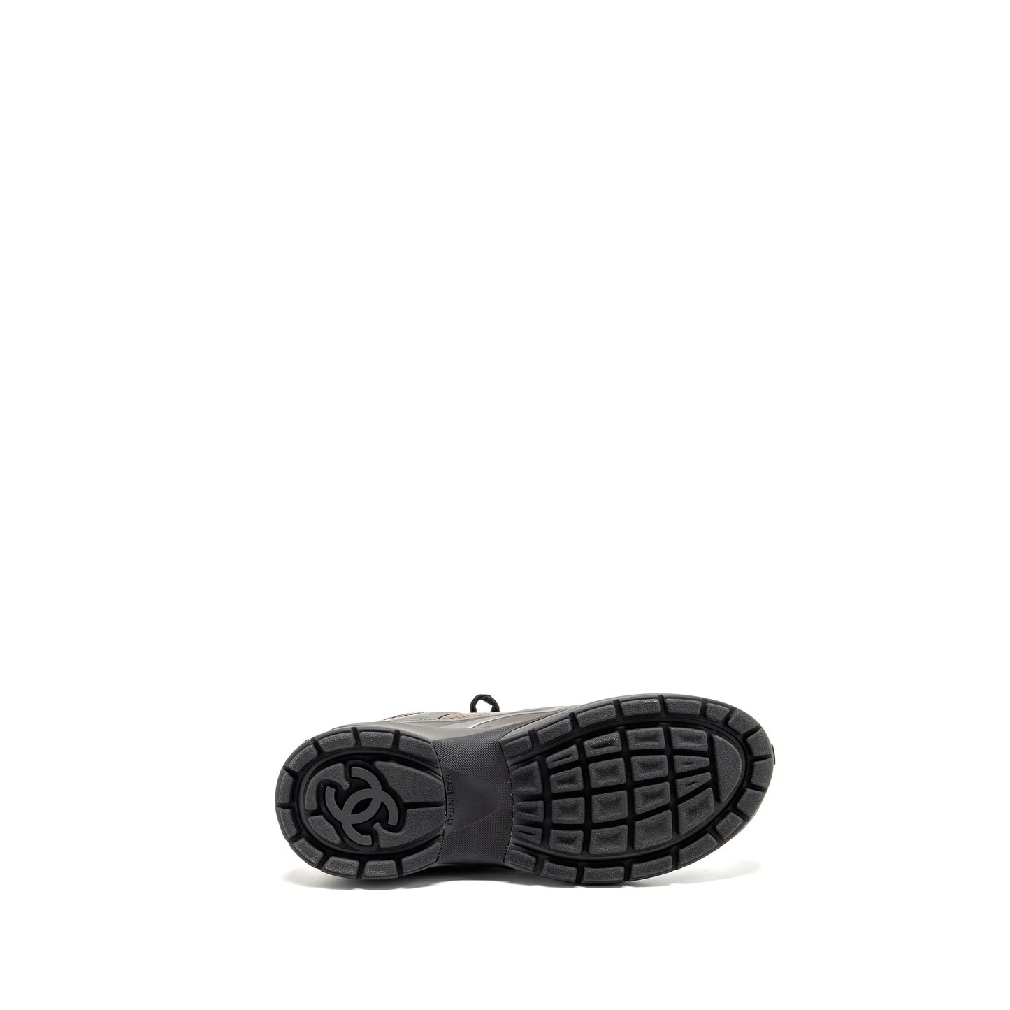 CHANEL SIZE 39 CC LOGO SNEAKERS FABRIC/LAMINATED KHAKI/SILVER/DARK PURPLE