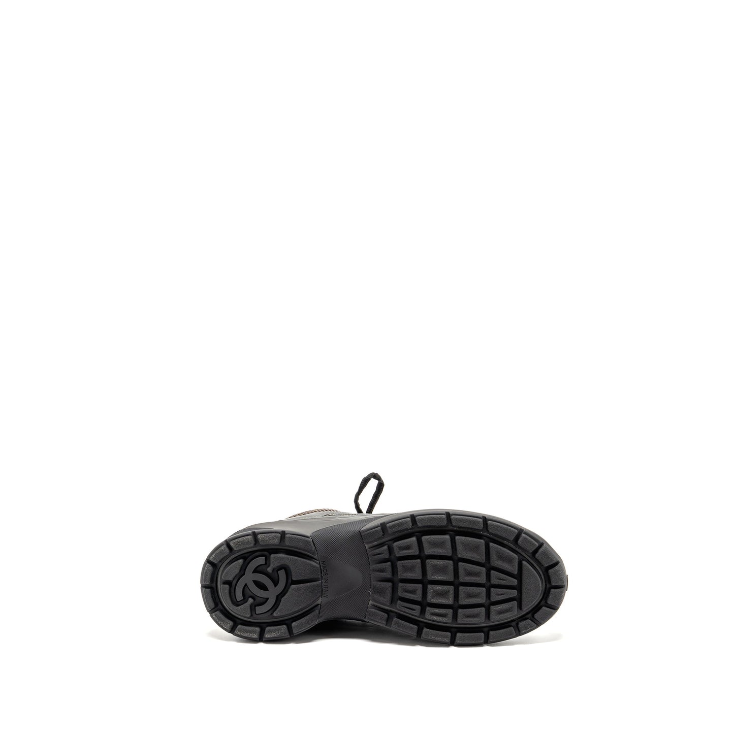 CHANEL SIZE 39 CC LOGO SNEAKERS FABRIC/LAMINATED KHAKI/SILVER/DARK PURPLE