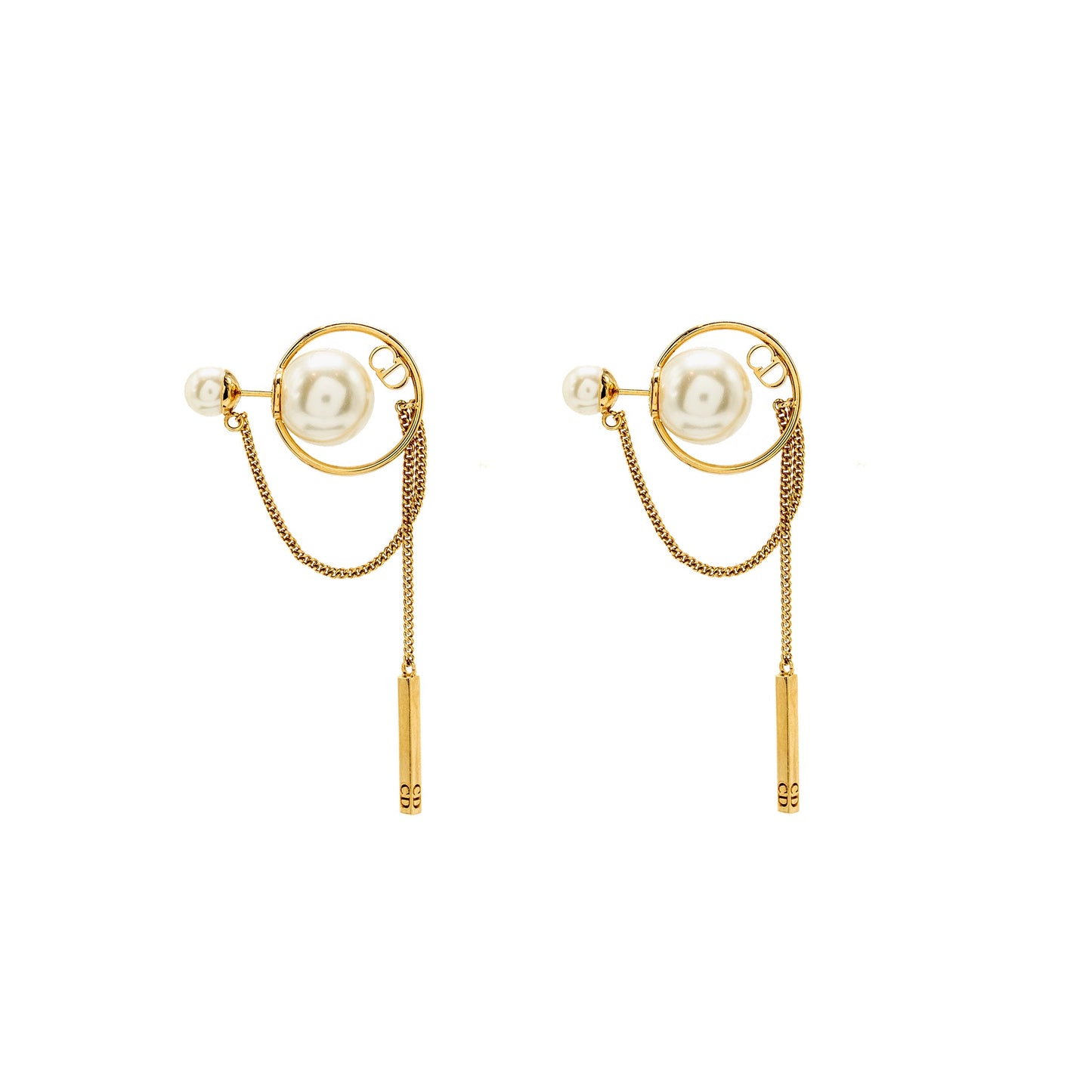 Dior Tribales Dangle Chain Earrings Pearl Gold Tone