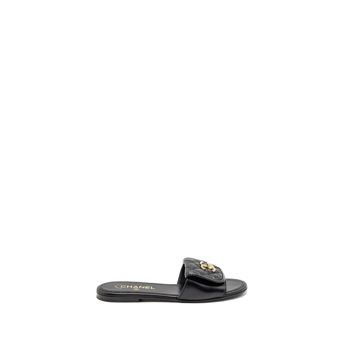 Chanel Size 37.5 Quilted CC Slide Sandals Leather Black LGHW