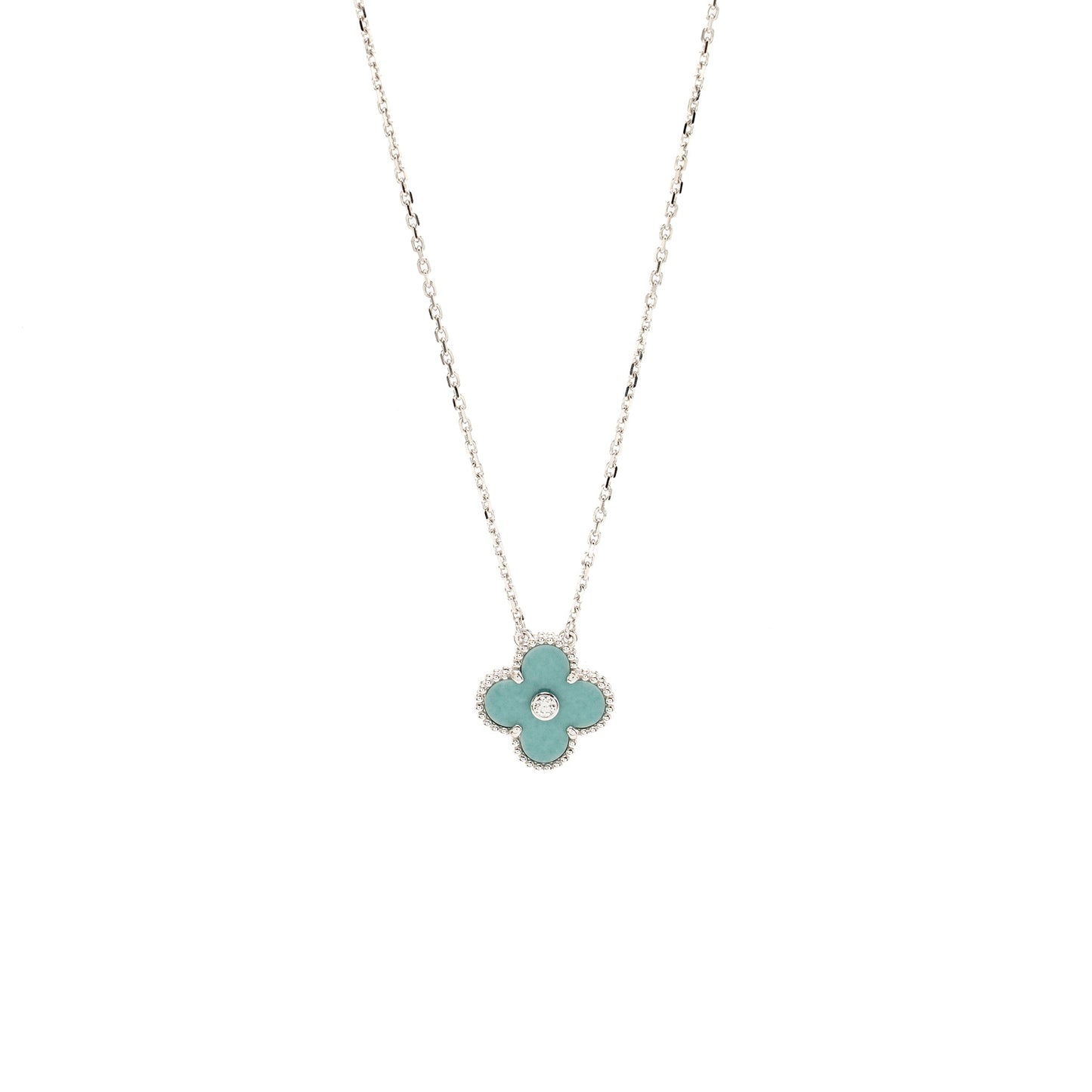 Van Cleef & arpels 2022 holiday limited vintage alhambra pendant porcelain/white gold/diamond
