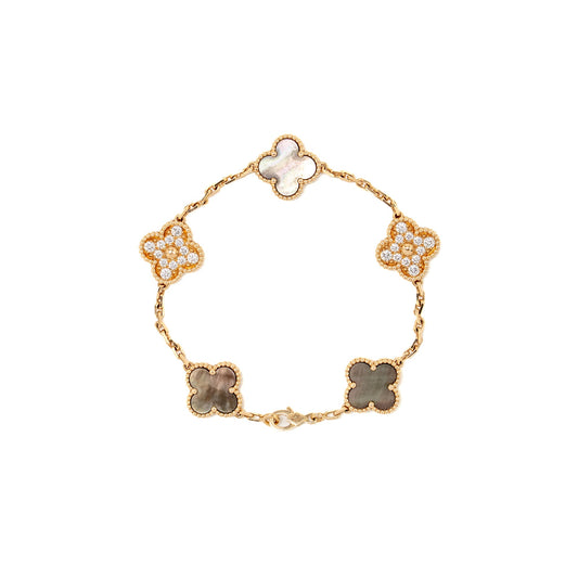 Van Cleef & Arpels Vintage Alhambra Bracelet 5 Motifs Grey Mother of Pearl with Diamonds