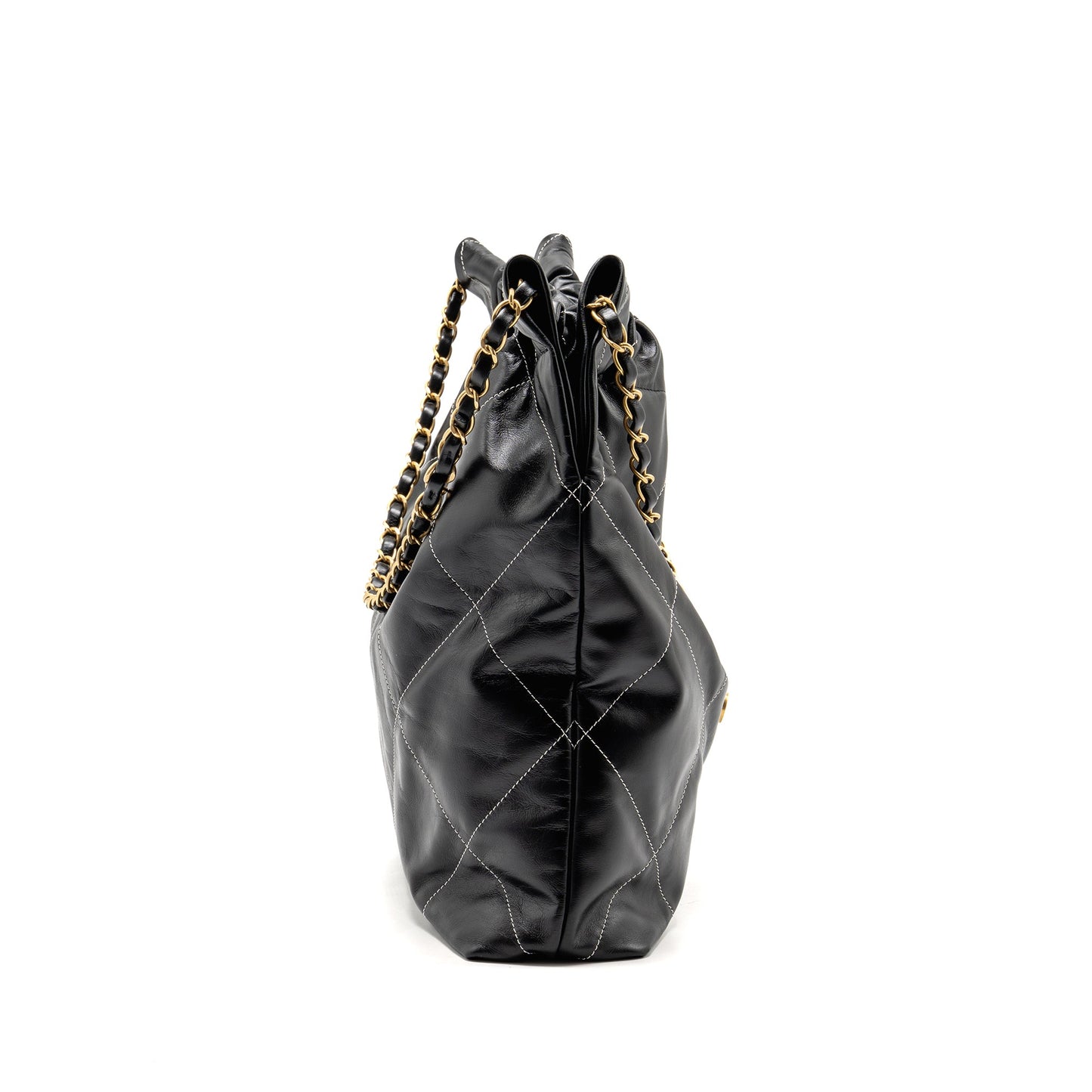 Chanel Medium 22 Bag White Stitching Calfskin Black GHW (Microchip)
