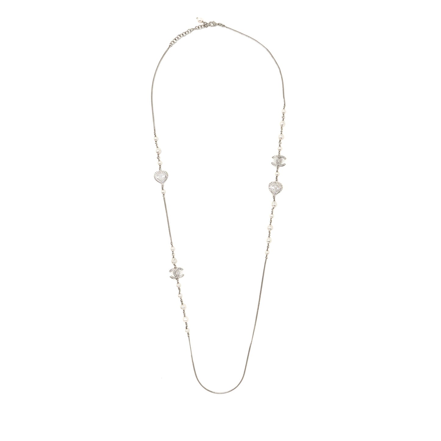 Chanel Crystal Heart Shape/Pearl Long Necklace Silver Tone