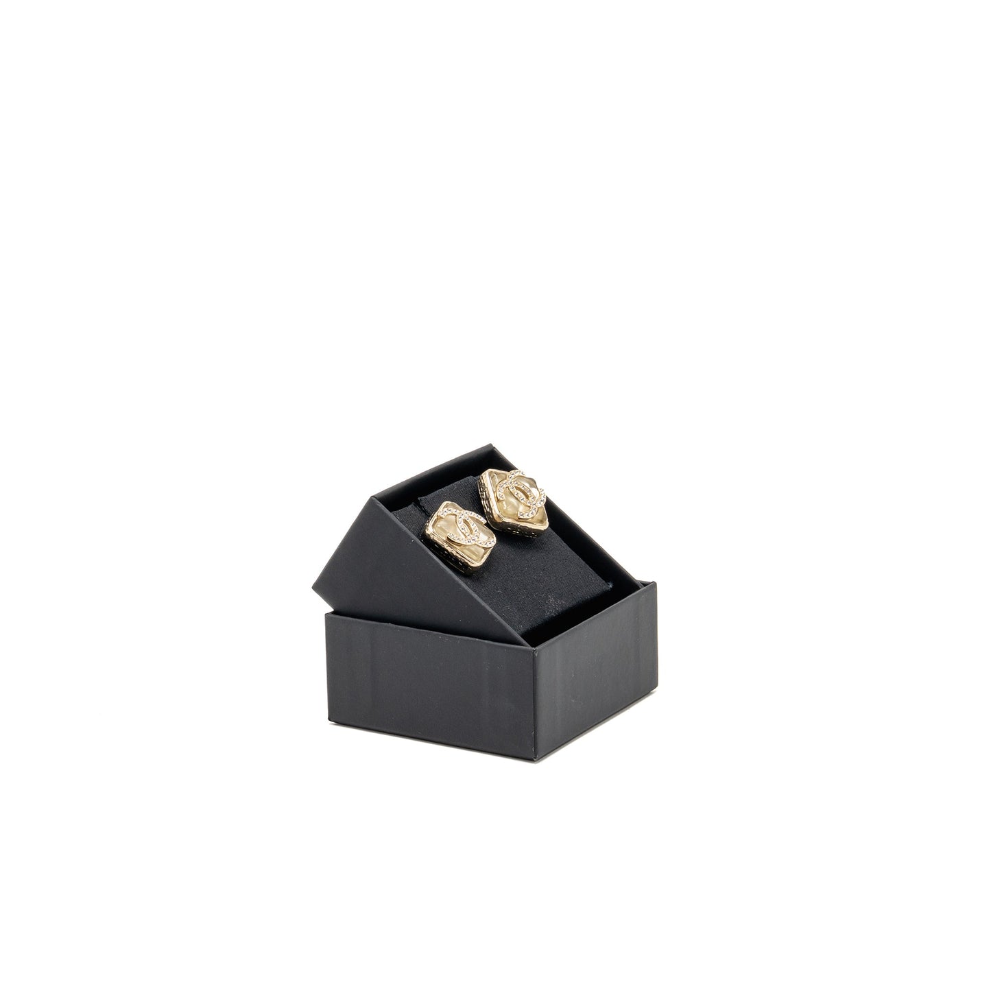 Chanel square cc logo crystal earrings light gold tone
