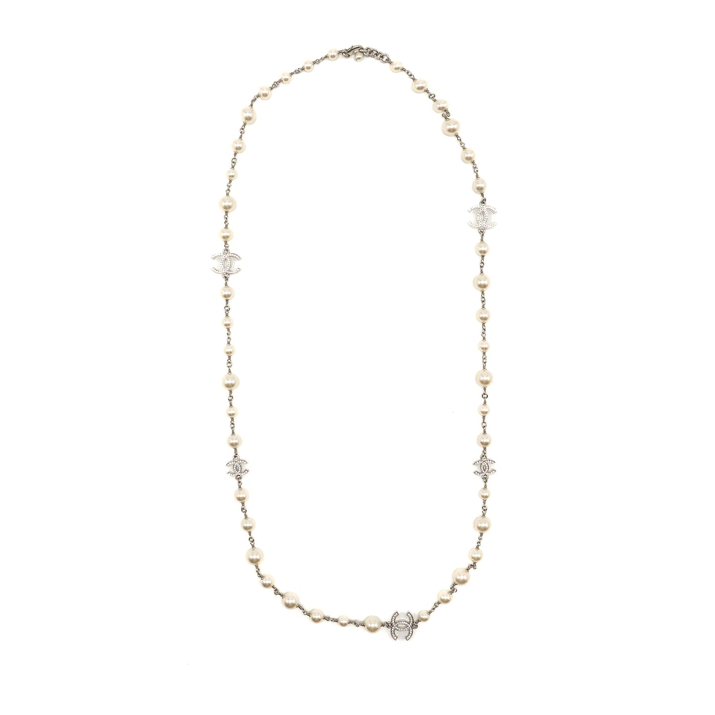 Chanel CC and pearl long necklace silver tone