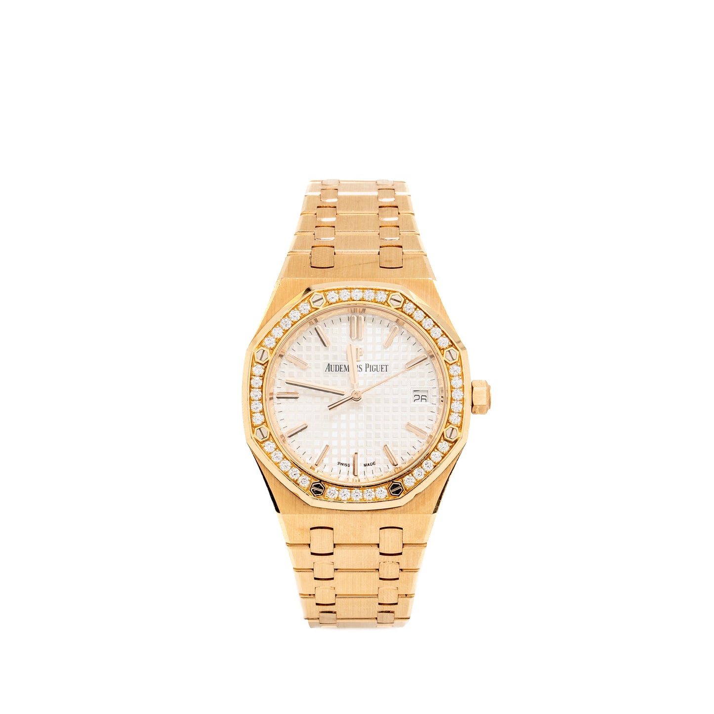 Audemars Piguet Royal Oak 34mm white dial diamond bezel self winding rose gold 77351OR