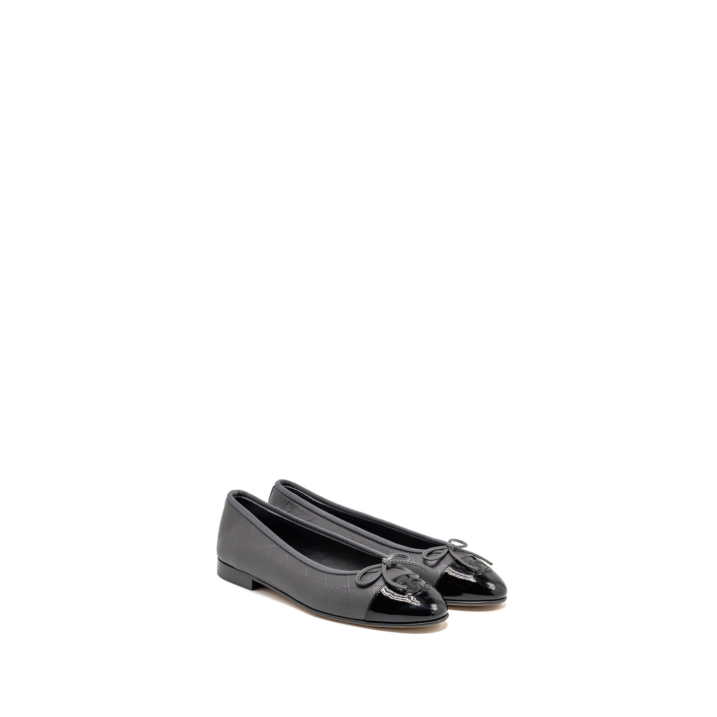 Chanel Size 37.5 Ballet Flats Lambskin/Patent Grey/Black