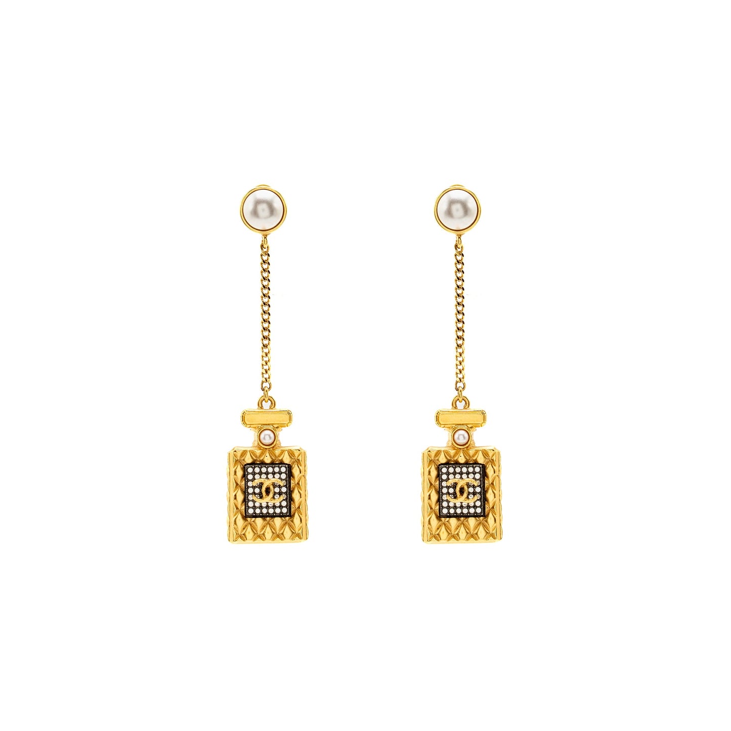 Chanel No.5 Perfume Bottle Drop Earrings Pearl/Crystal Gold Tone