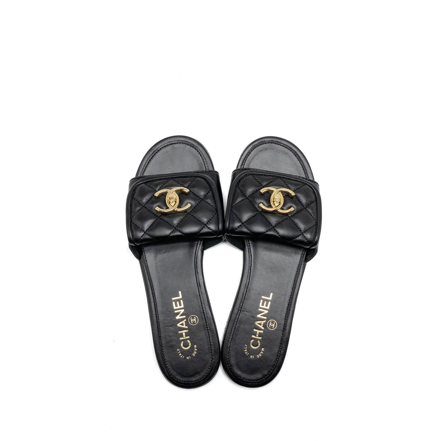 Chanel Size 37.5 Quilted CC Slide Sandals Leather Black LGHW