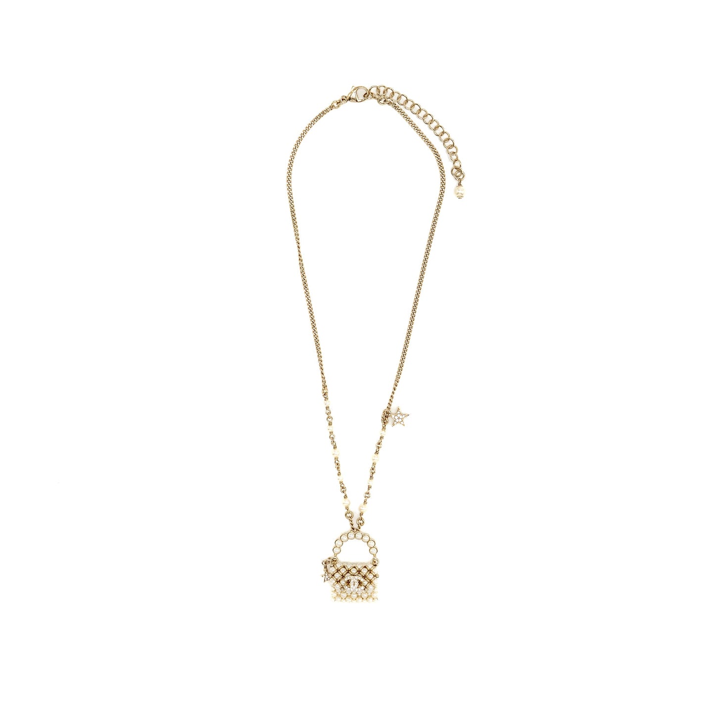 Chanel Mini pearl bag necklace light gold tone