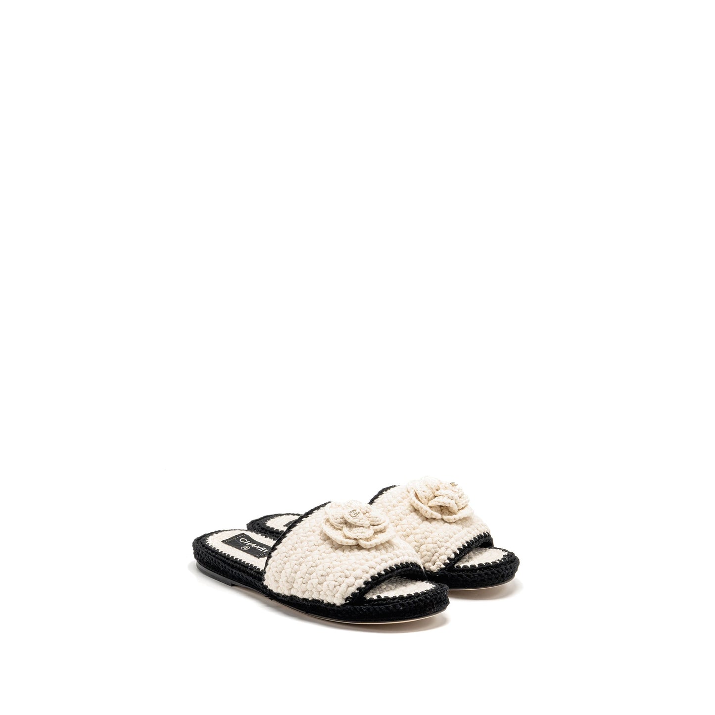 Chanel Size 39 23C Camellia Crochet Mules Sandals Ivory / Black