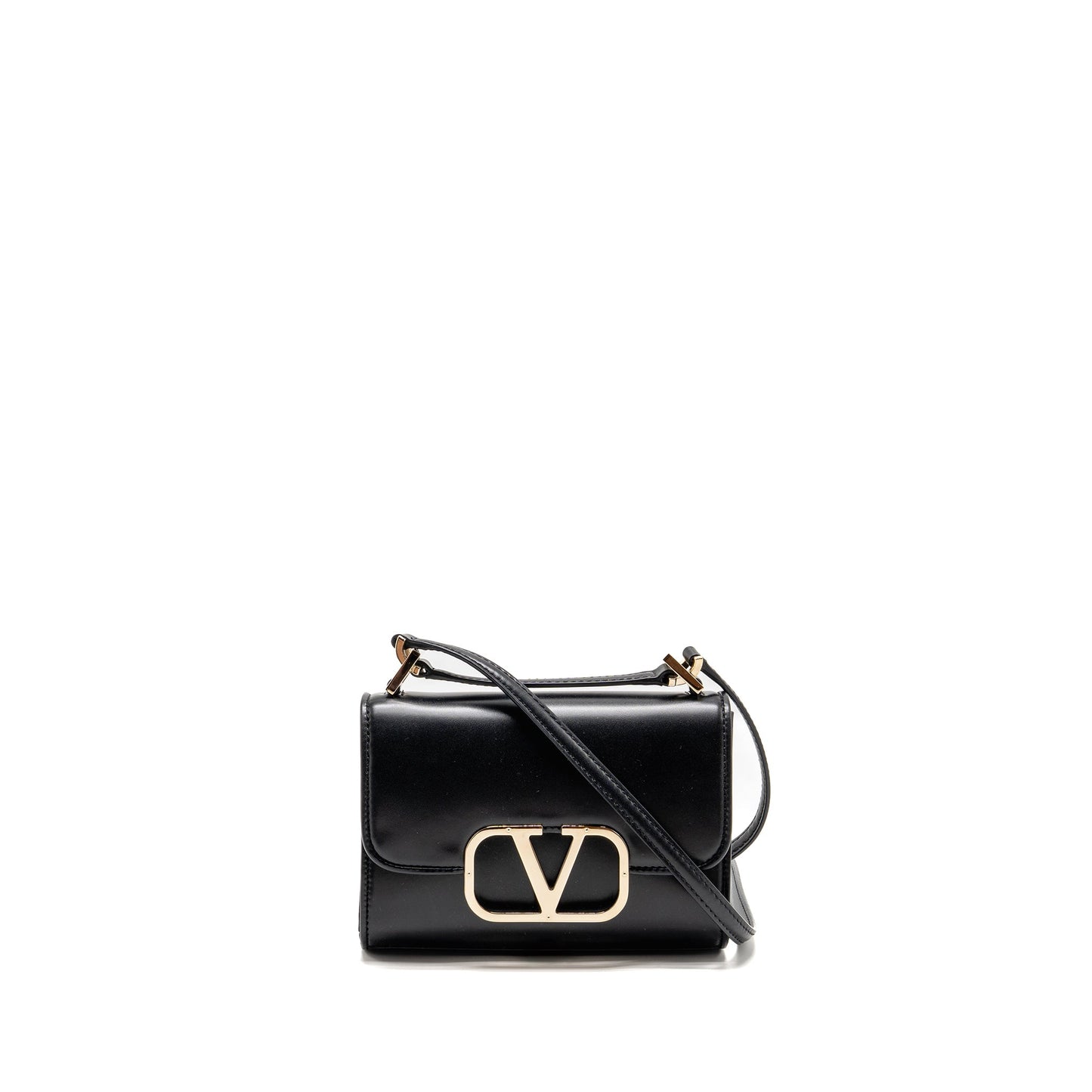 Valentino V logo Type Foldover Top Shoulder Bag Calfskin Black SHW