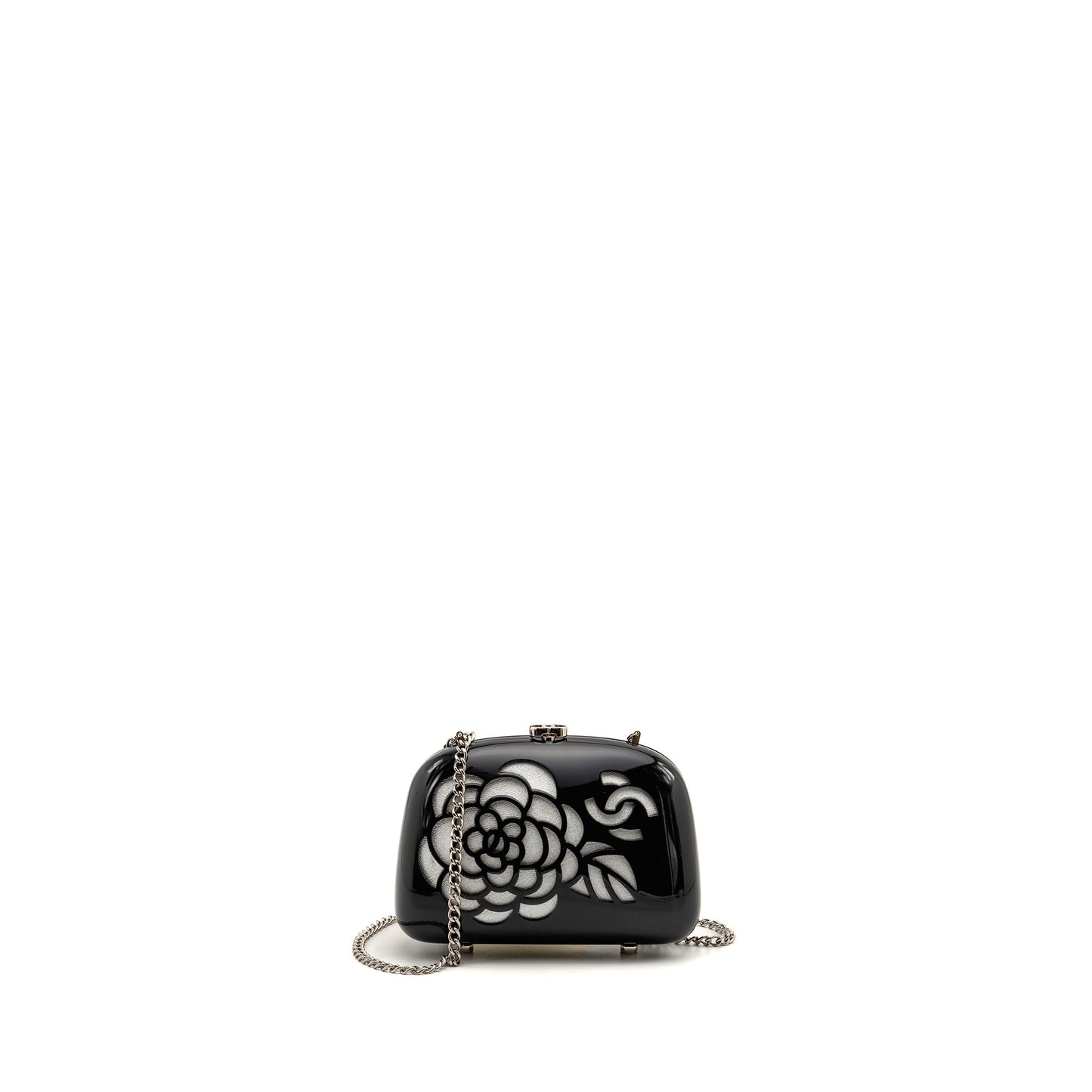 Chanel camellia Minaudiere chain evening clutch acrylic plastic black / silver SHW