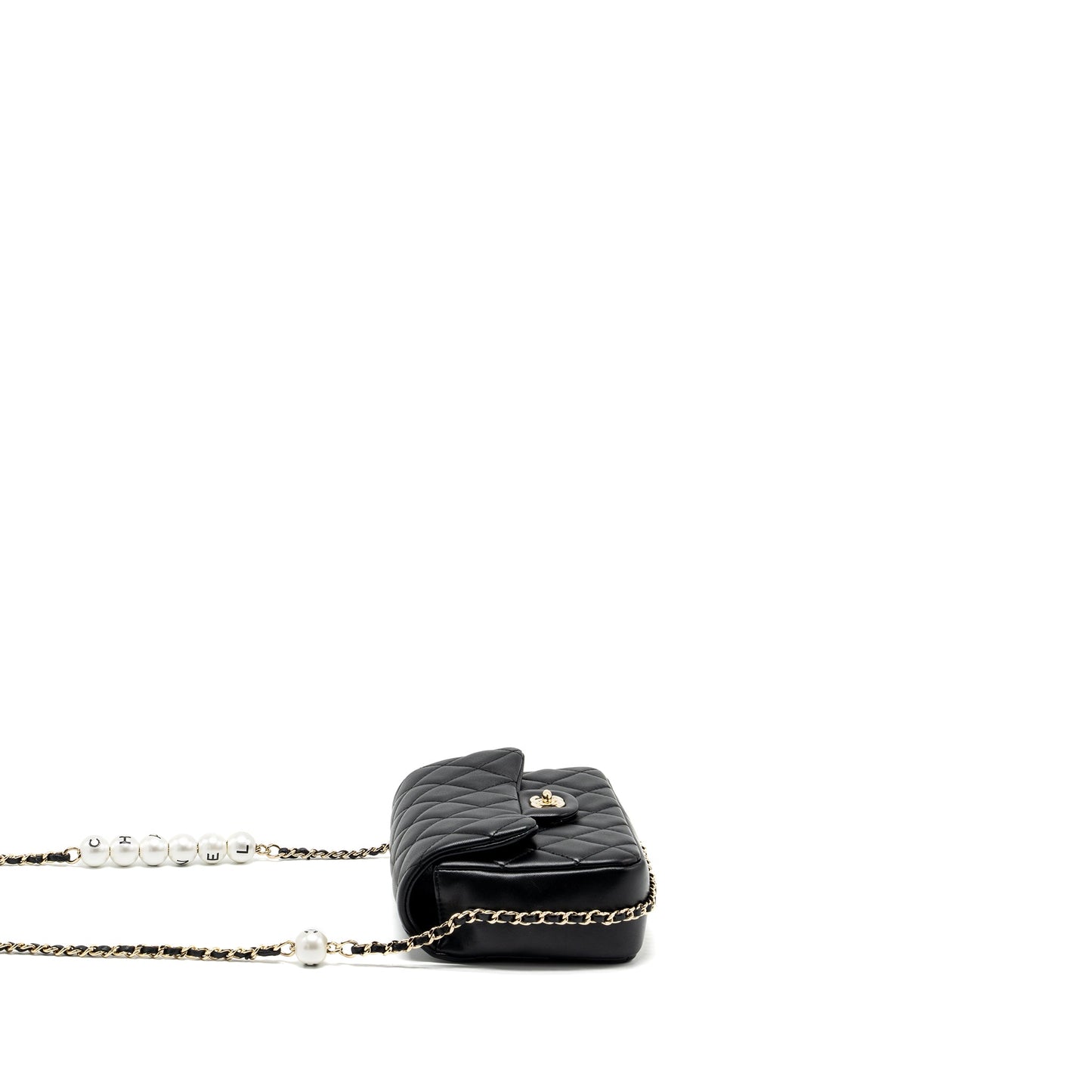 Chanel quilted flap bag with pearl chain lambskin black LGHW