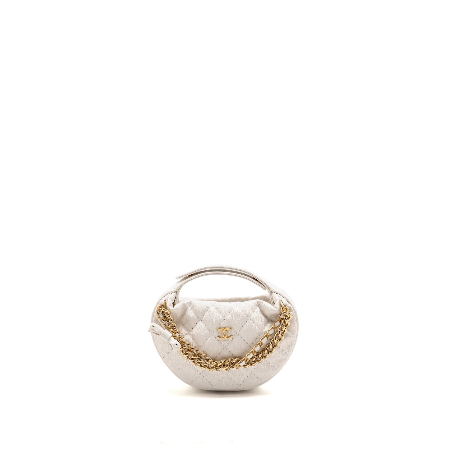 Chanel 24S Mini Round Bow Pouch Bag with Chain Caviar White GHW (Microchip)