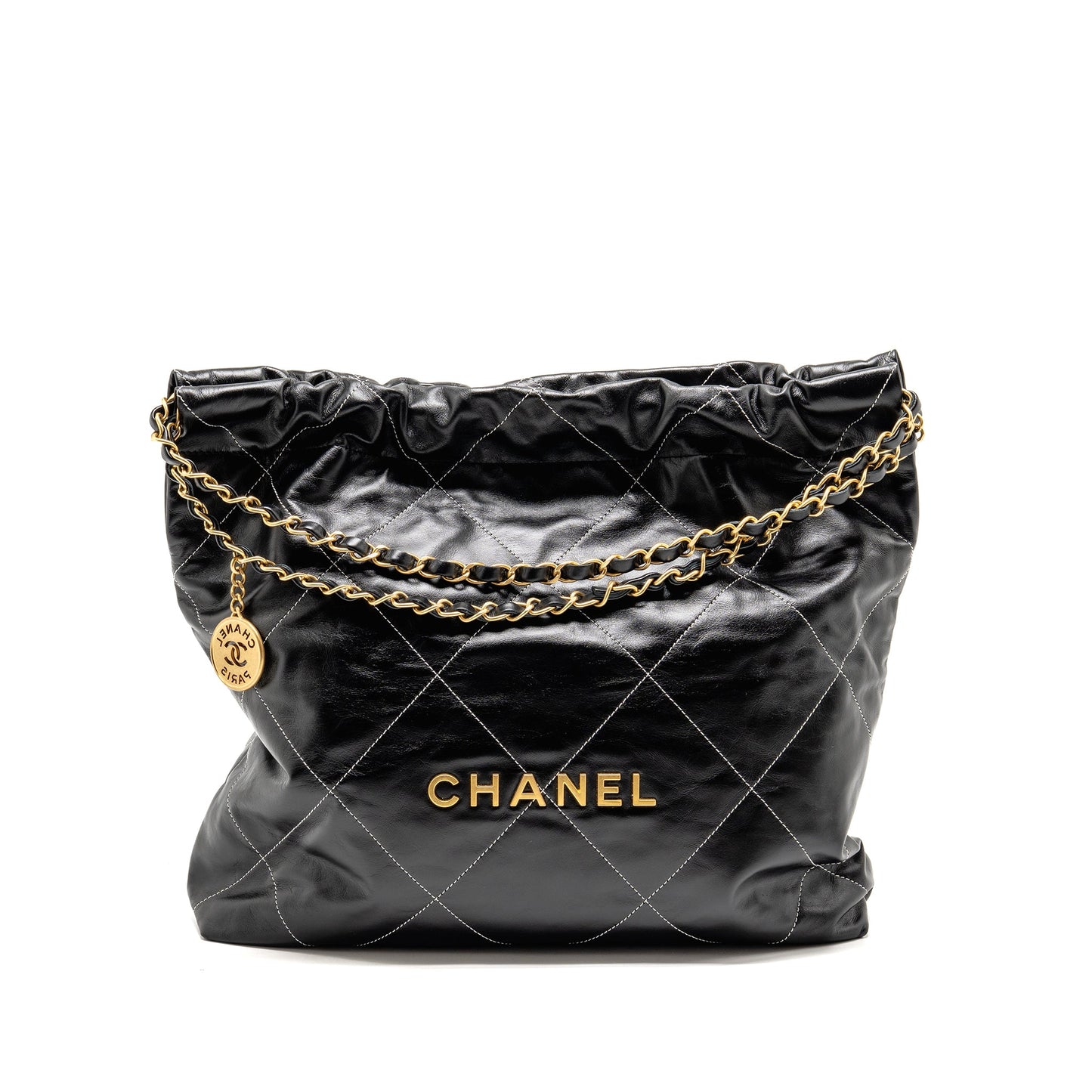 Chanel Medium 22 Bag White Stitching Calfskin Black GHW (Microchip)