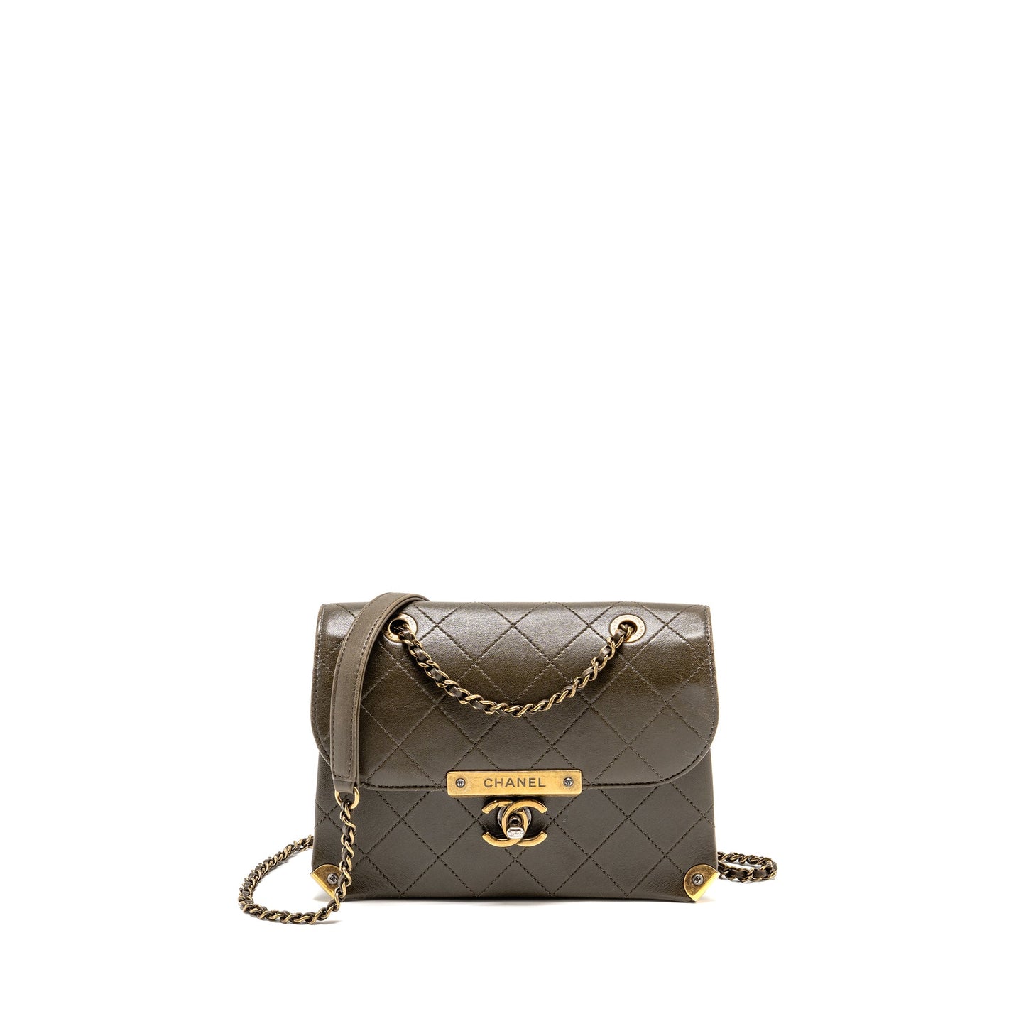 Chanel Quilted Messenger Flap Bag Lambskin Olive Green Multicolour Hardware