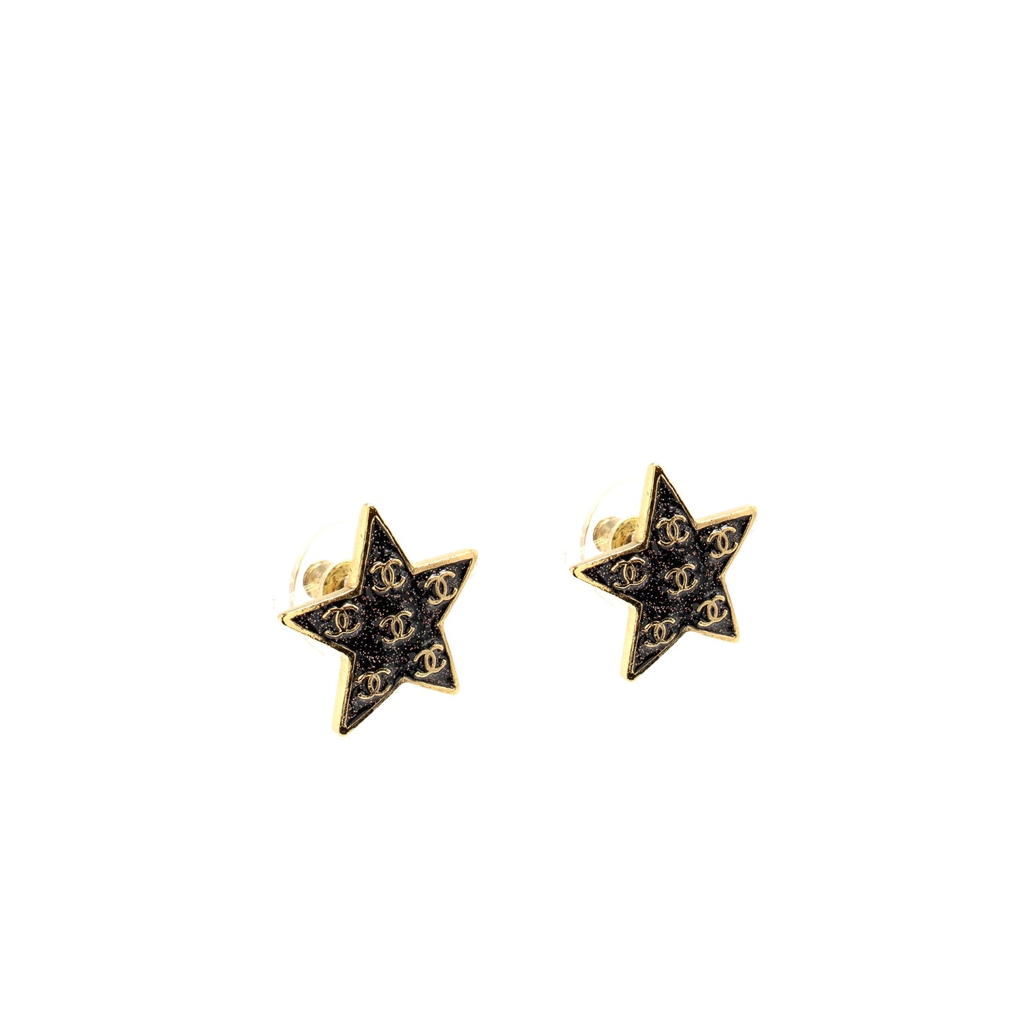 Chanel CC Star Stud Earrings Glitter Multicolour Gold Tone