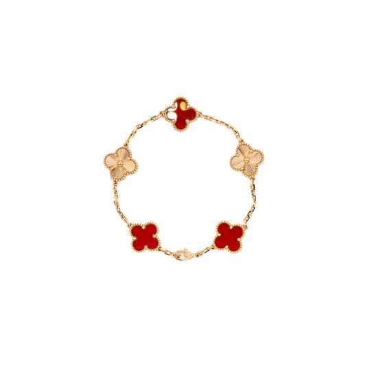 Van Cleef & Arpels Vintage Alhambra 5 Motifs Bracelet Guilloche Rose Gold/Carnelian