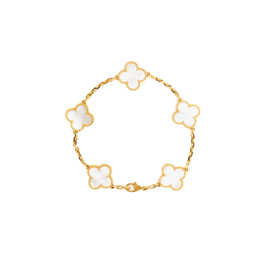 Van Cleef & Arpels Vintage Alhambra 5-Motif Bracelet, Yellow Gold/White Mother-of-Pearl