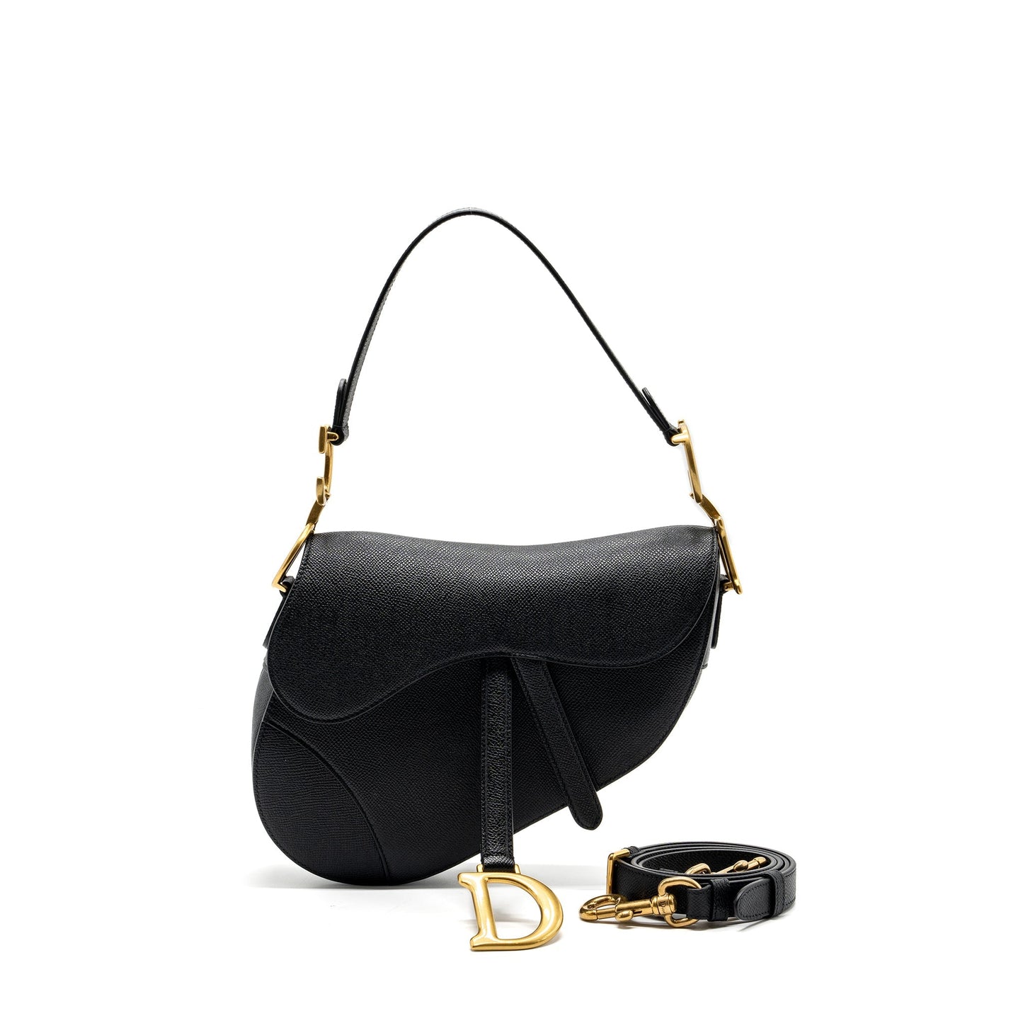 Luxury Dior medium saddle bag with strap grained calfskin black GHW