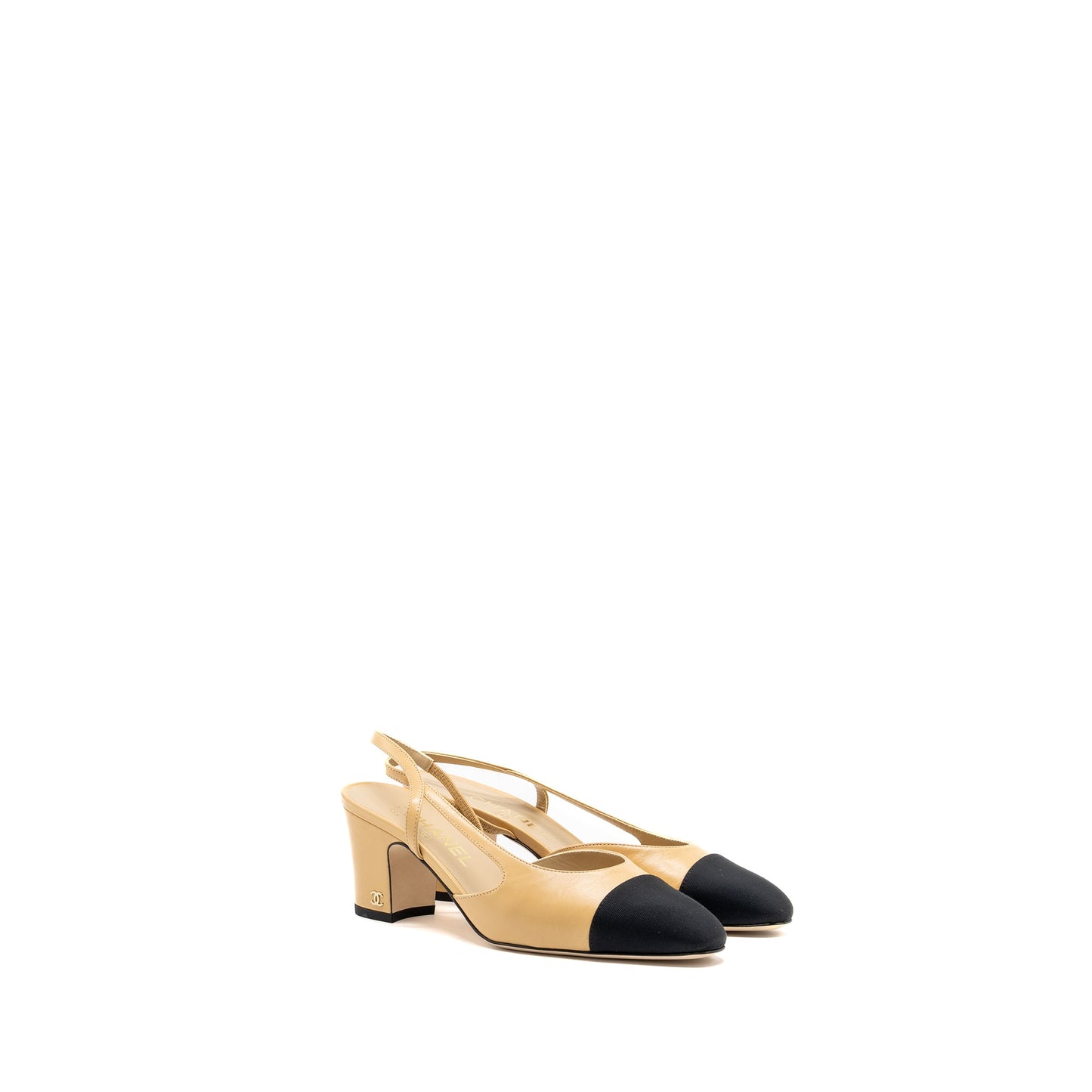 Chanel size 38 slingbacks leather beige / black LGHW