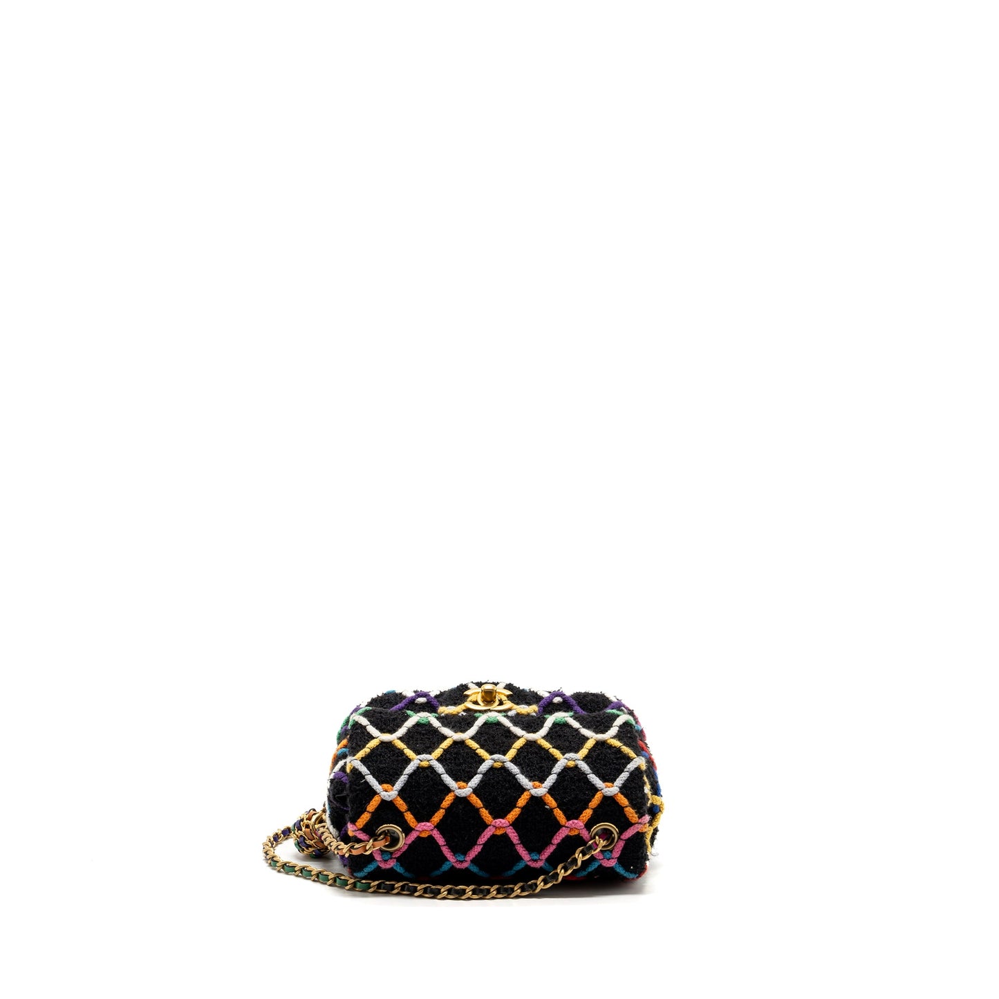 Chanel 22S pearl crush mini square flap bag fabric / tweed black / multicolor GHW (microchip)