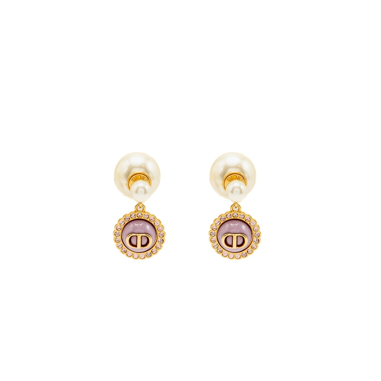 Luxury Dior Tribales Pearl Earrings Crystal Pink Gold Tone