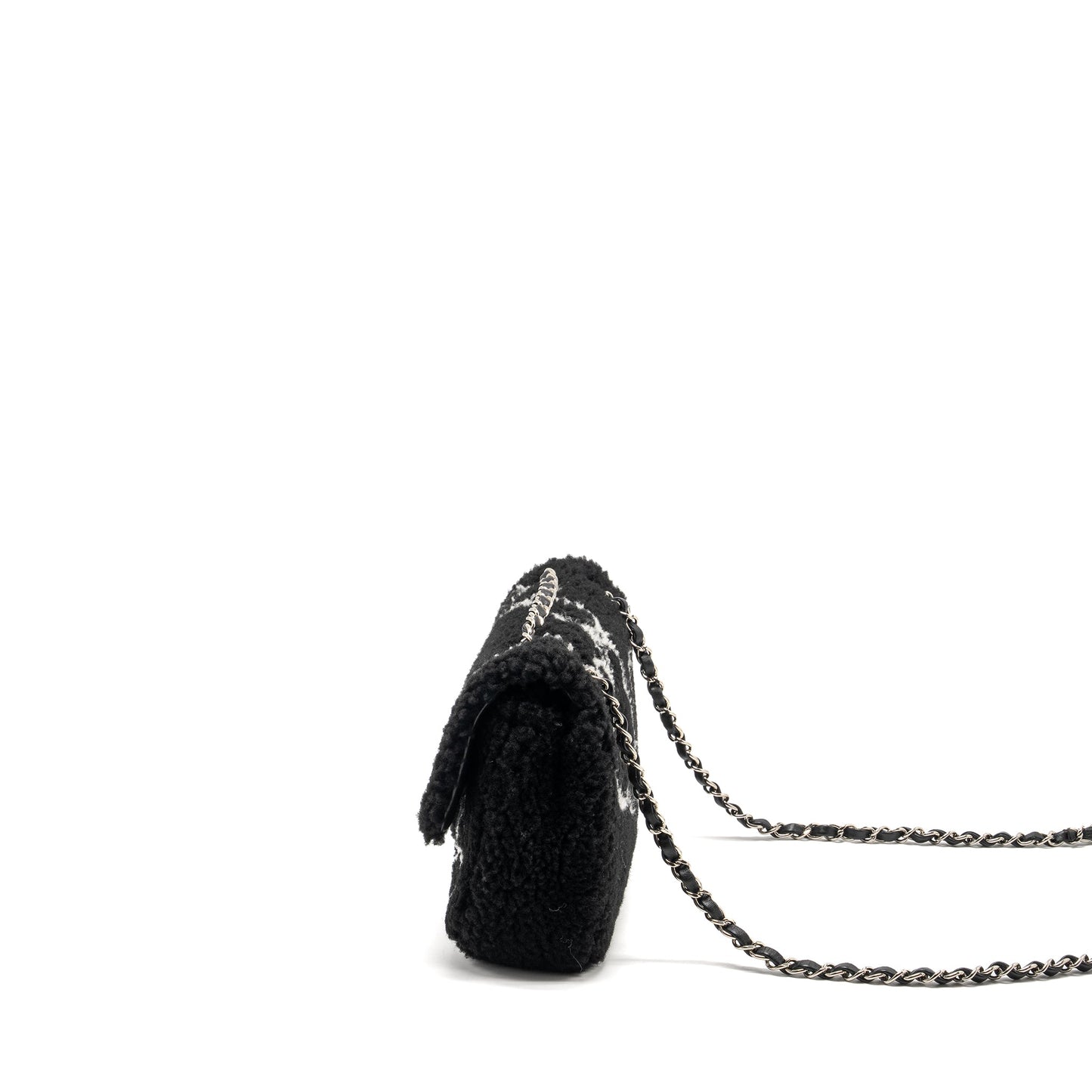 Chanel 22A Fluffy Camellia Flap Bag Embroidered Shearling Lambskin Black / White SHW (Microchip)